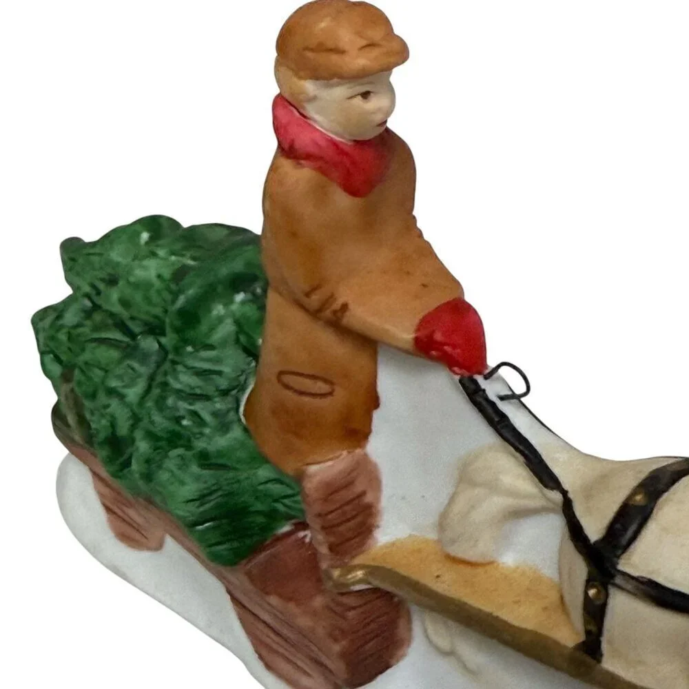 Christmas Village Figurine Miniature Horse and Sleight with Tree Holiday Deco